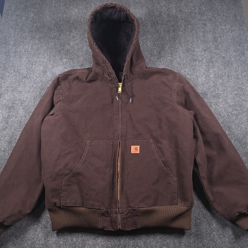 Carhartt Jacket Mens L Brown Duck Canvas Hooded Quilt Lined Full Zip Workwear